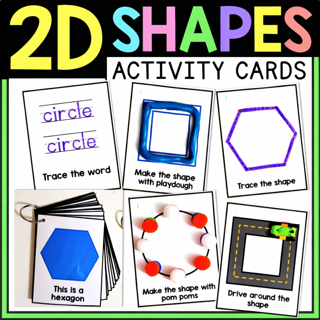 2D shapes activity cards for kids, featuring tracing, playdough, pom poms, and shape recognition
