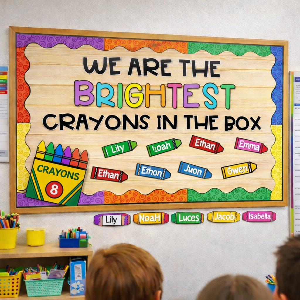 Colorful classroom bulletin board with 'We Are the Brightest Crayons in the Box' and students' names.