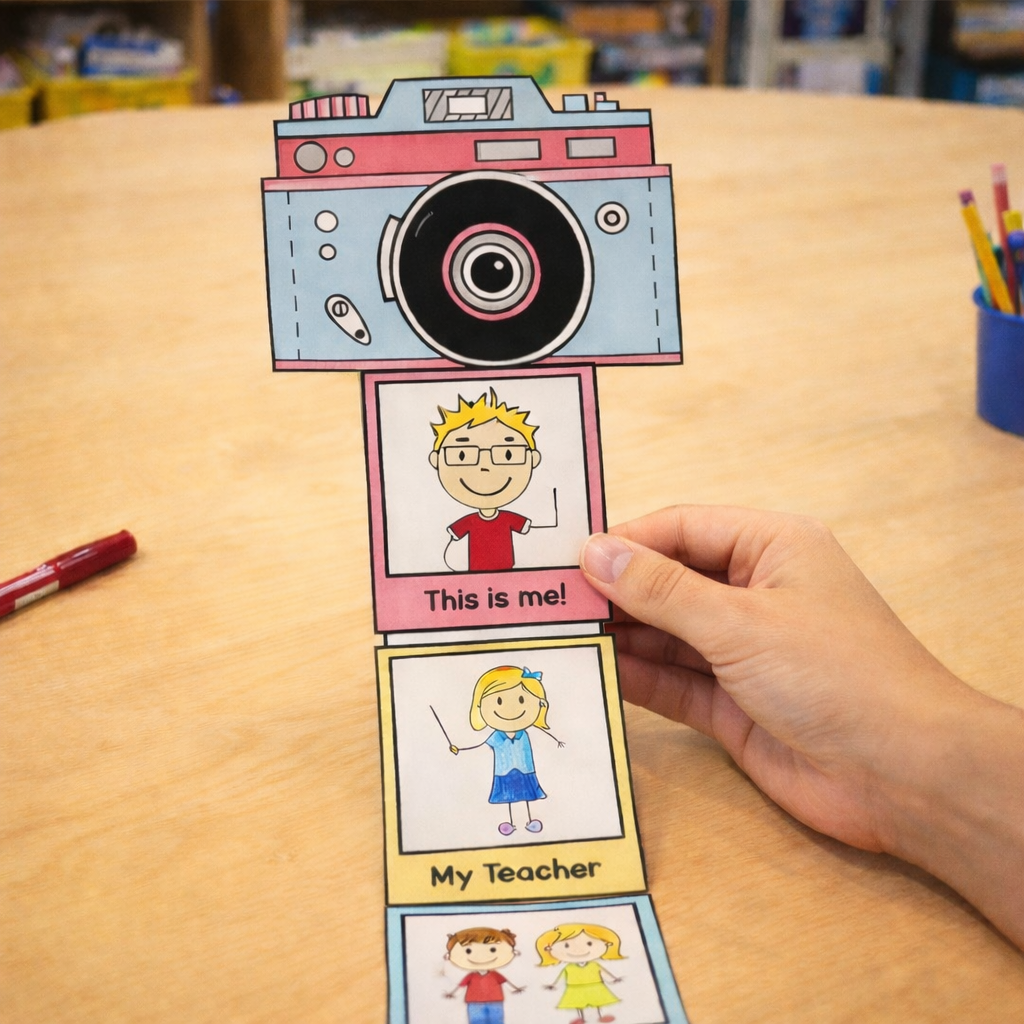 Hand holding a paper camera craft with drawings labeled 'This is me!' and 'My Teacher' on table