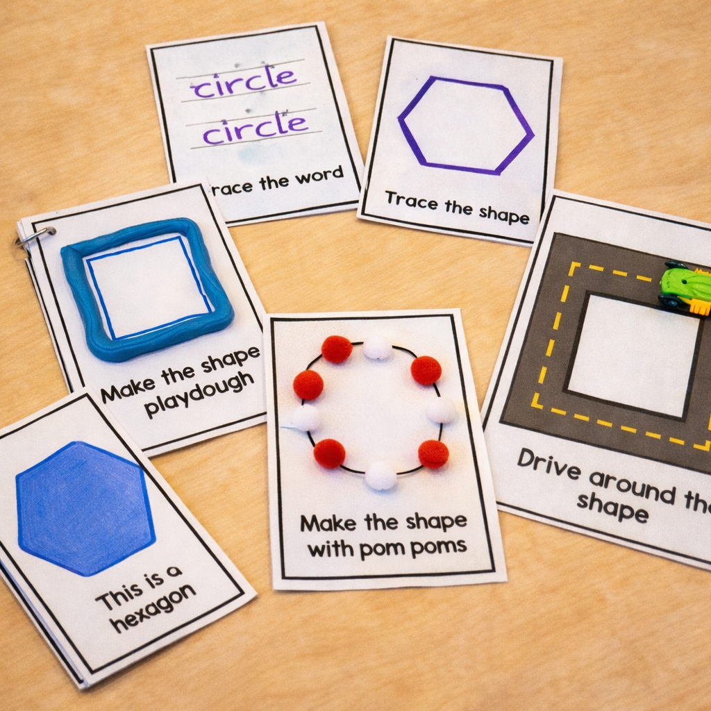 Educational shape activity cards for kids on a table, featuring hexagon, circle, playdough and pom poms, Tiny Thinkers