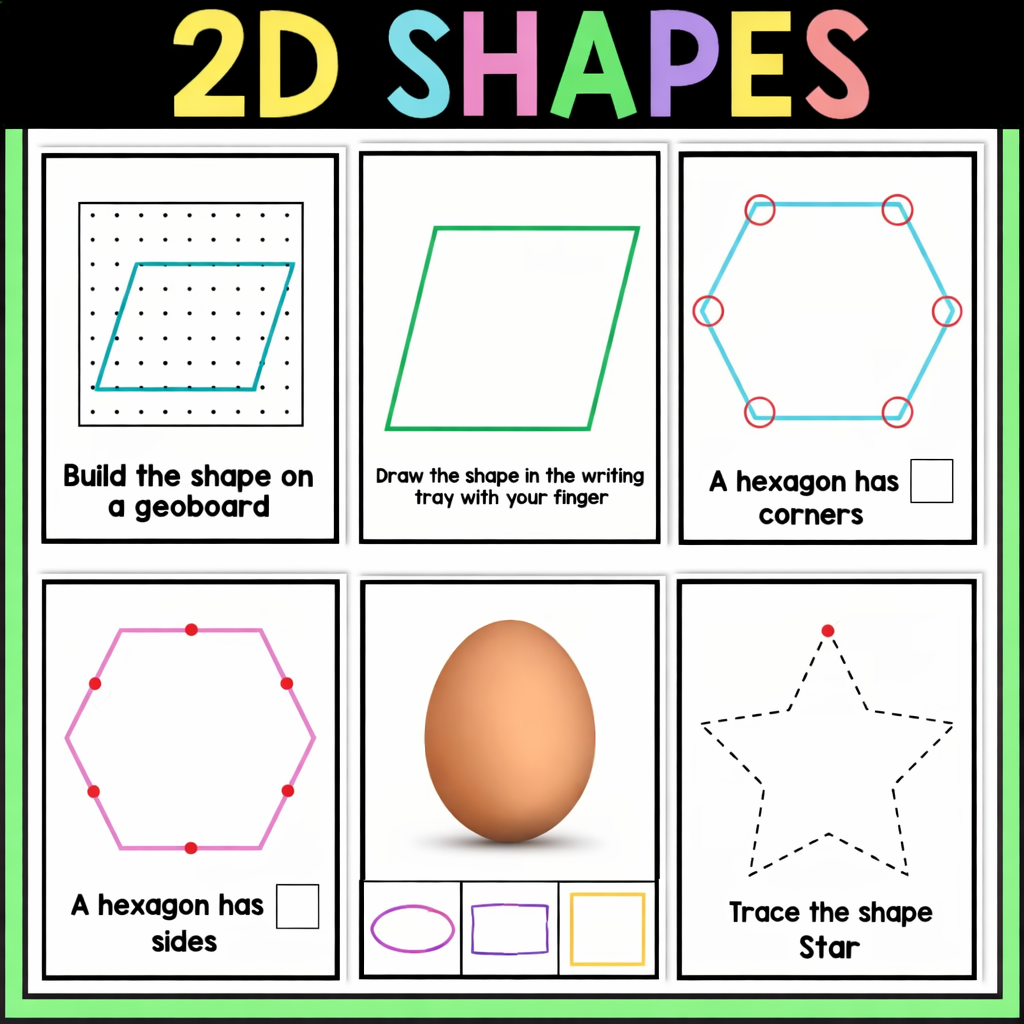 Colorful 2D shapes learning activity for kids, featuring hexagon, parallelogram, oval, and star illustrations from Tiny Thinkers.
