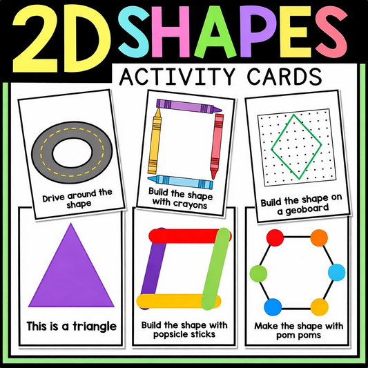 Colorful 2D shapes activity cards for kids featuring shapes, crayons, popsicle sticks, and pom poms.
