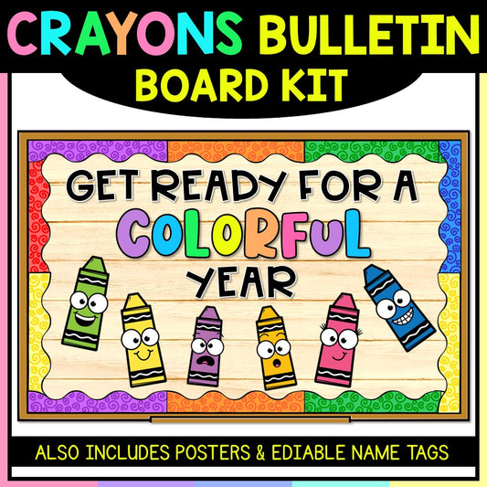 Crayon bulletin board kit with colorful cartoon crayons and editable name tags for classrooms