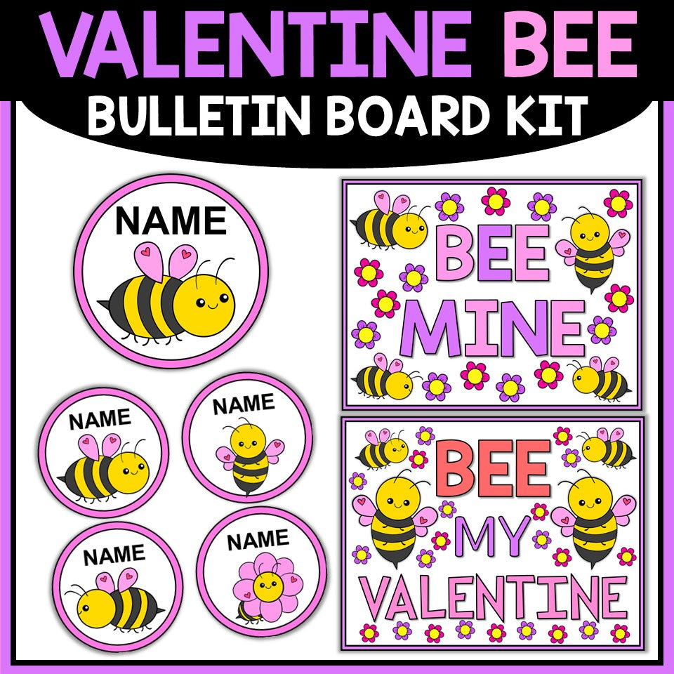 Valentine's Day bee-themed bulletin board kit with text and illustrations on a white background.