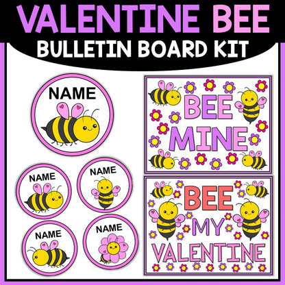 Valentine's Day bee-themed bulletin board kit with text and illustrations on a white background.