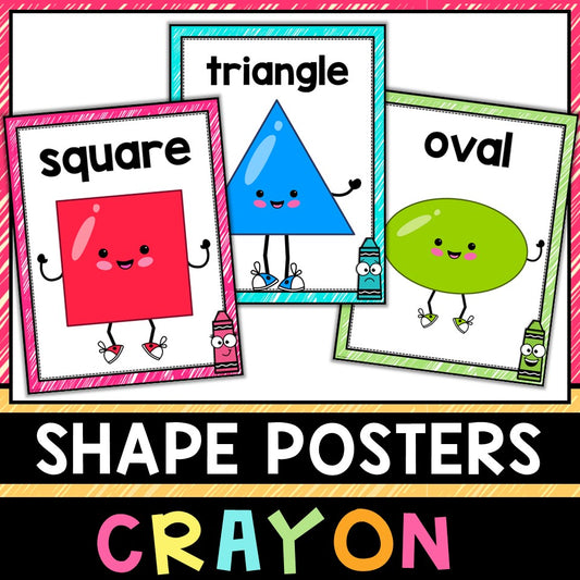 Tiny Thinkers shape posters featuring cartoon square, triangle, and oval with crayons