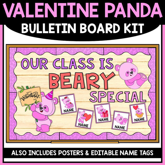 Valentine panda bulletin board kit with cute pink bears, editable name tags, and classroom poster.