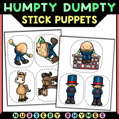 Humpty Dumpty stick puppets printable featuring nursery rhyme characters for Tiny Thinkers.
