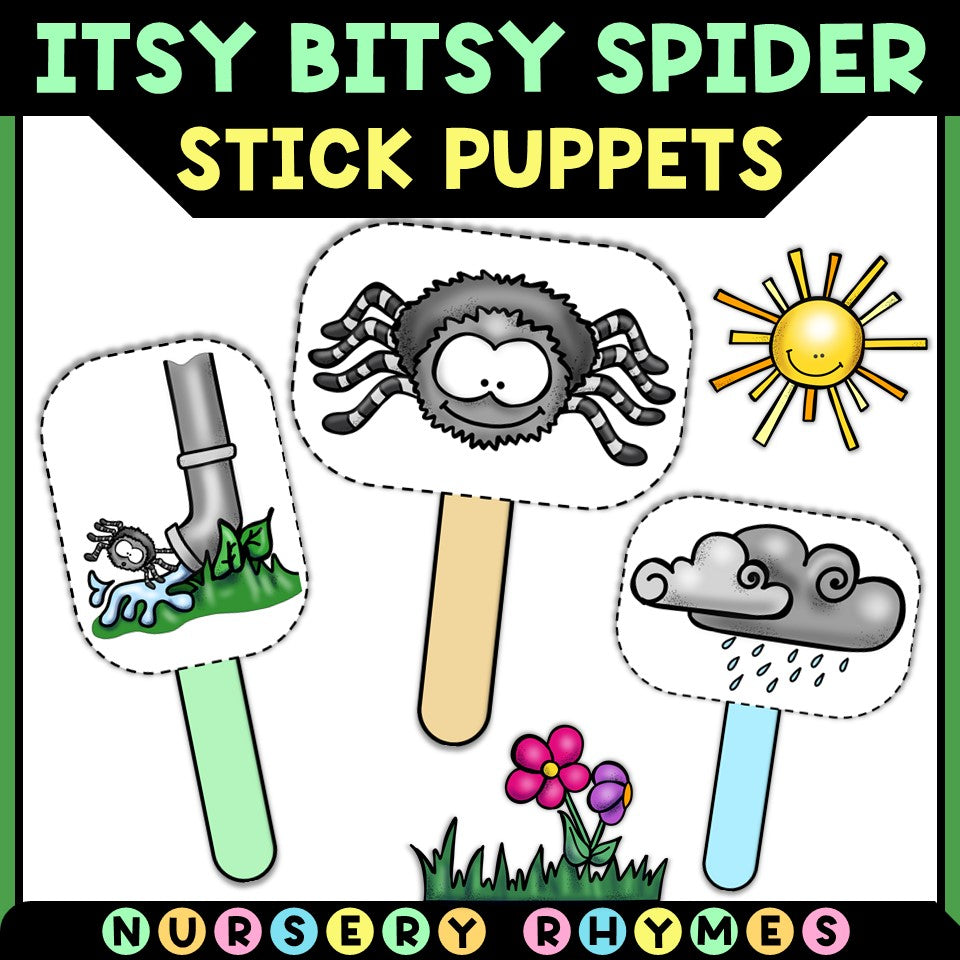Itsy Bitsy Spider stick puppets craft for kids featuring spider, sun, cloud, and spout, Tiny Thinkers