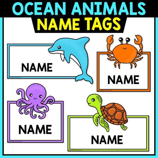 Ocean animals name tags for kids featuring dolphin, crab, octopus, and turtle illustrations