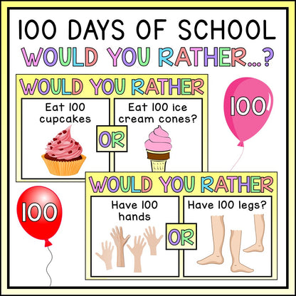 100 days of school Would You Rather activity with cupcakes, ice cream cones, hands, legs, balloons