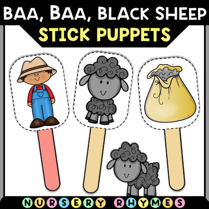 Baa Baa Black Sheep stick puppets set with farmer, black sheep, and yellow sack illustrations