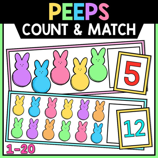 Colorful Peeps bunny count and match activity cards with numbers 5 and 12, Tiny Thinkers.