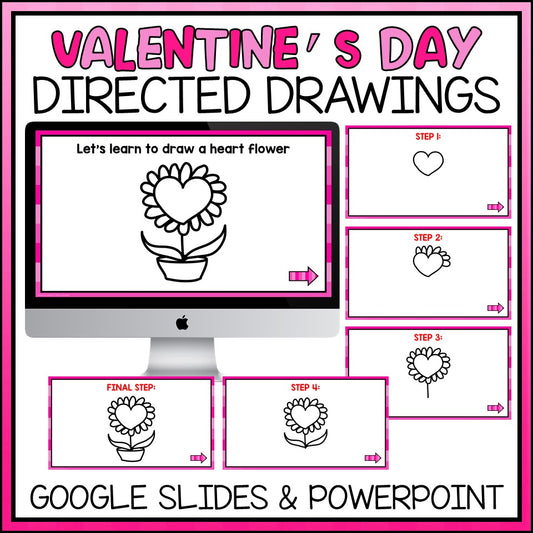 Valentine's Day heart flower directed drawing steps for kids, Tiny Thinkers, Google Slides, PowerPoint