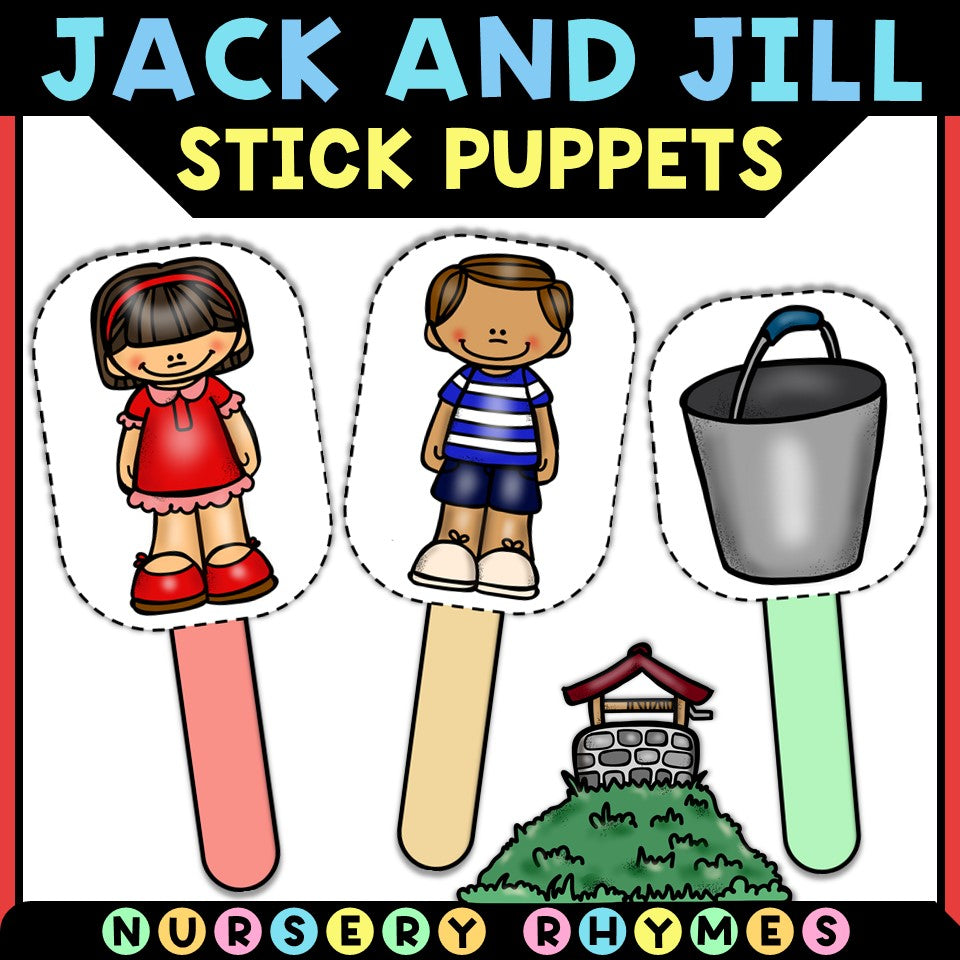 Jack and Jill stick puppets set with boy, girl, and bucket cartoon for nursery rhymes learning
