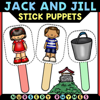 Jack and Jill stick puppets set with boy, girl, and bucket cartoon for nursery rhymes learning