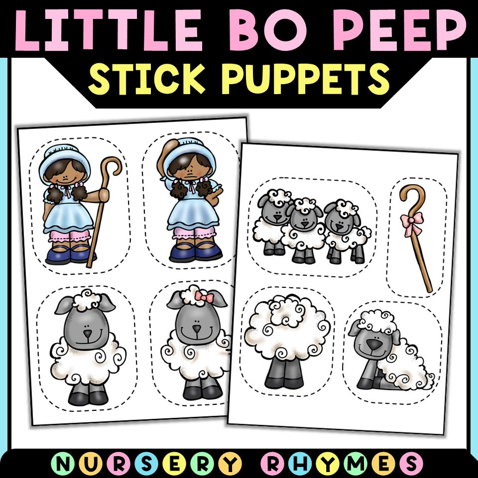 Little Bo Peep stick puppets printable with cartoon girl, sheep, and staff for nursery rhymes