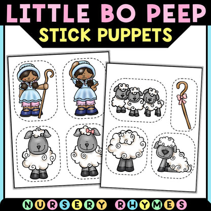 Little Bo Peep stick puppets printable with cartoon girl, sheep, and staff for nursery rhymes