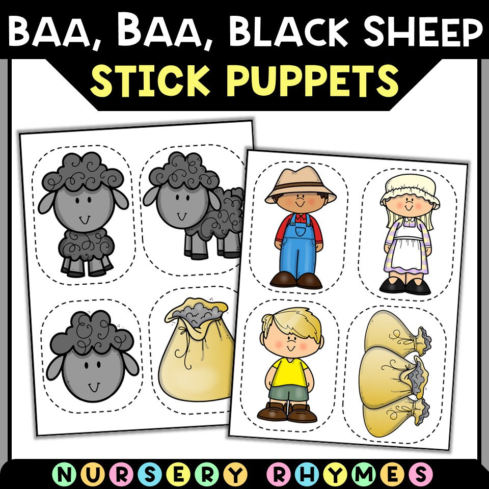 Baa Baa Black Sheep nursery rhyme stick puppets cutouts, including sheep, children, farmer, and bags.