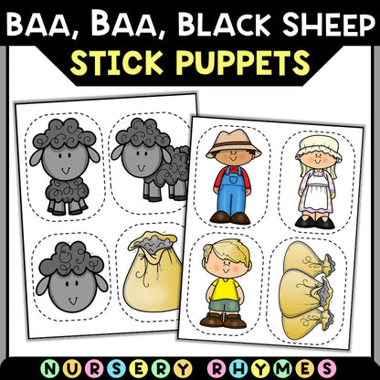 Baa Baa Black Sheep nursery rhyme stick puppets cutouts, including sheep, children, farmer, and bags.