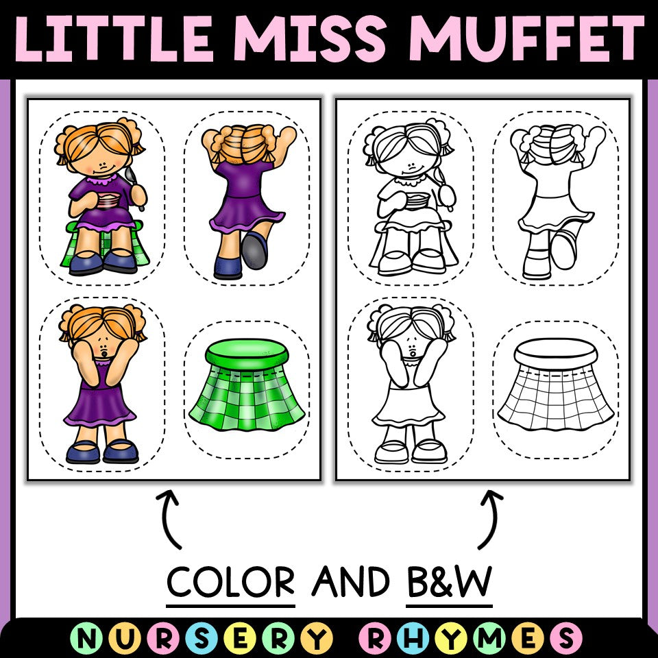 Little Miss Muffet nursery rhyme cutouts in color and black and white for Tiny Thinkers kids.