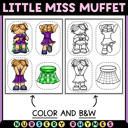 Little Miss Muffet nursery rhyme cutouts in color and black and white for Tiny Thinkers kids.