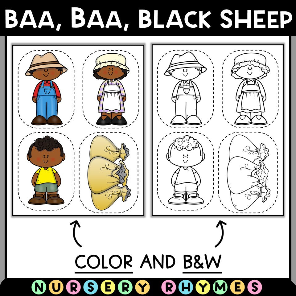 Nursery rhymes printable featuring Baa Baa Black Sheep characters in color and black and white.