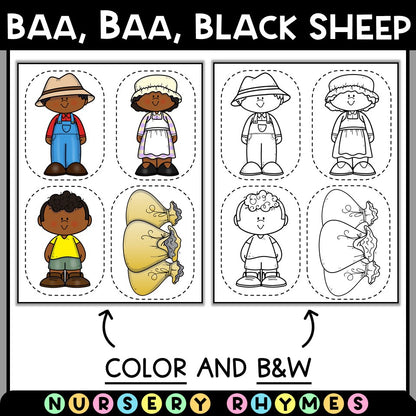 Nursery rhymes printable featuring Baa Baa Black Sheep characters in color and black and white.