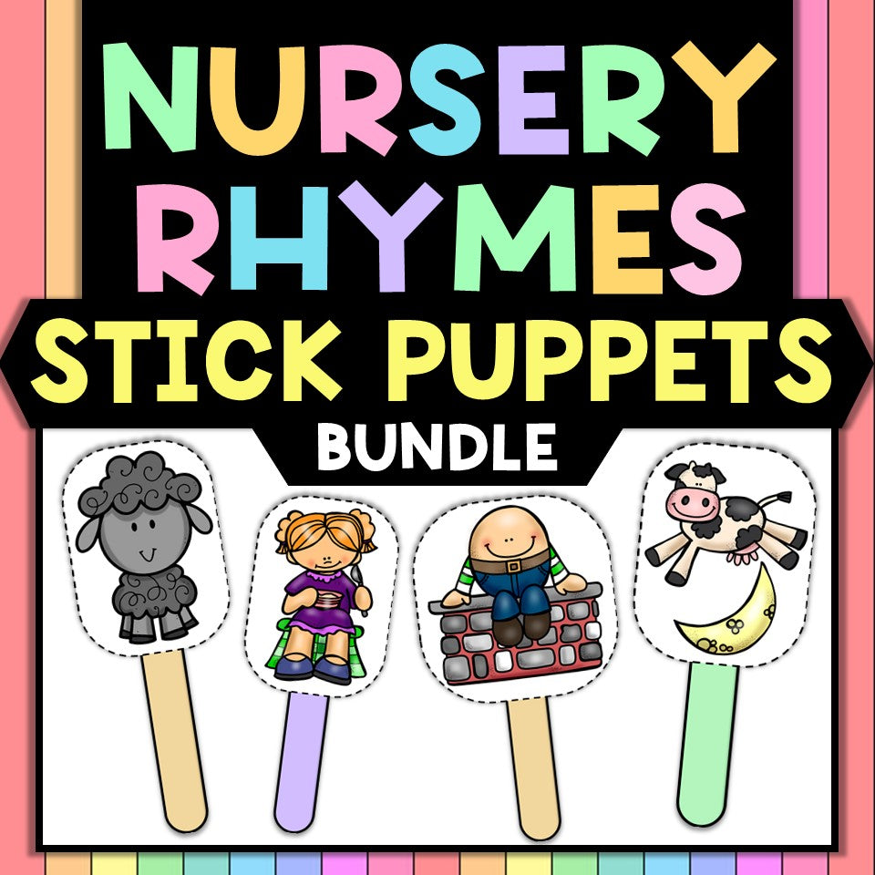 Tiny Thinkers nursery rhymes stick puppets bundle with cartoon sheep, girl, boy, and cow designs
