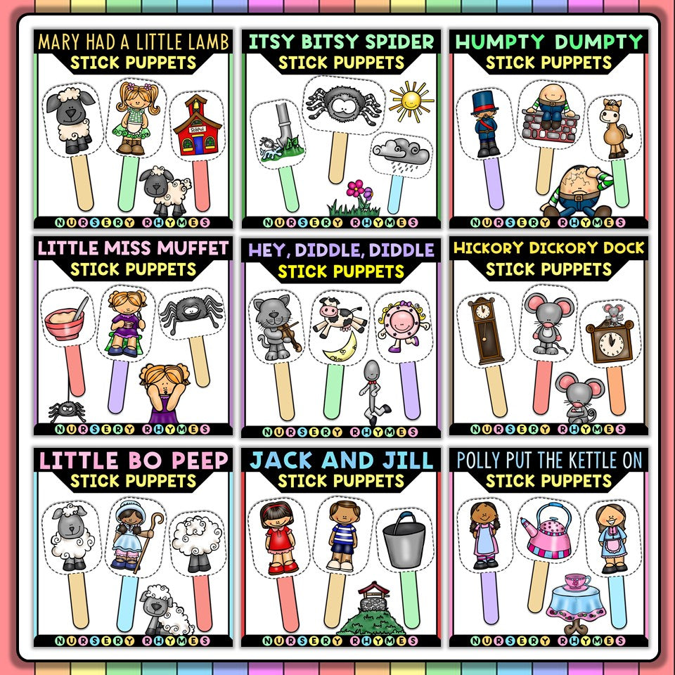 Nursery rhymes stick puppets set with cartoon characters for kids, Tiny Thinkers educational crafts