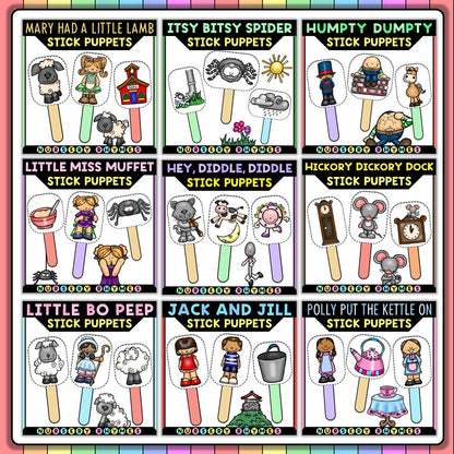 Nursery rhymes stick puppets set with cartoon characters for kids, Tiny Thinkers educational crafts