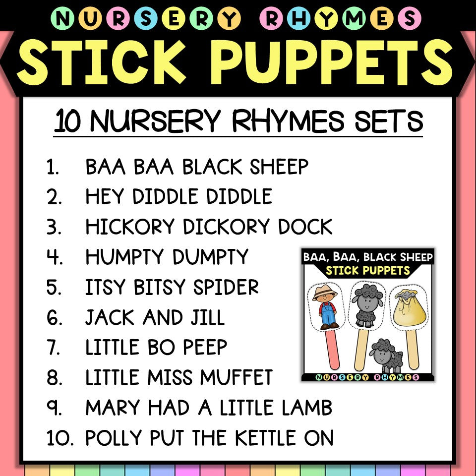 Tiny Thinkers nursery rhyme stick puppets, list of 10 rhyme sets with cartoon images.