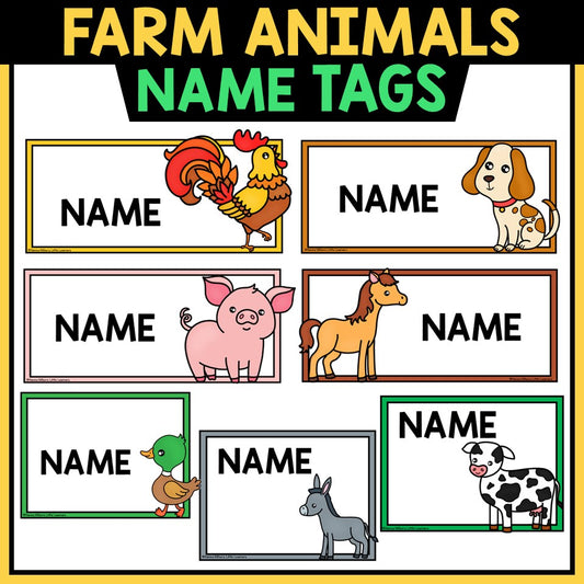 Farm animals name tags with cartoon rooster, dog, pig, horse, duck, donkey, cow; Tiny Thinkers.