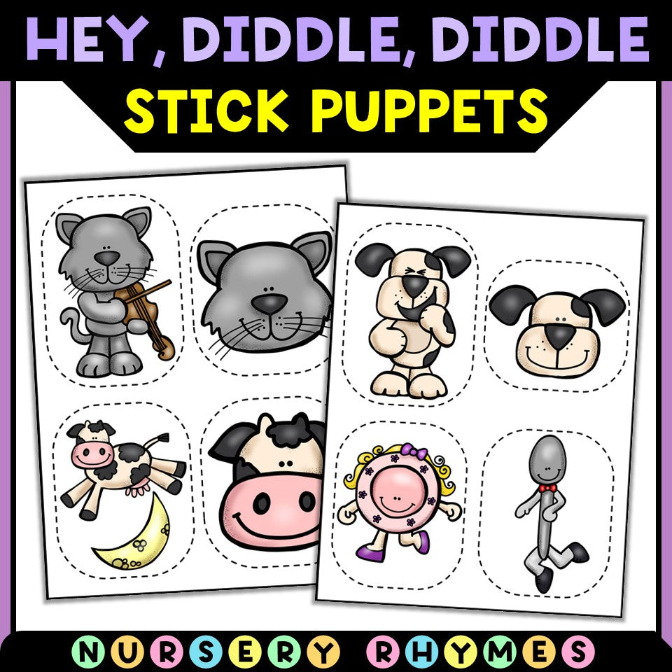 Hey Diddle Diddle nursery rhyme stick puppets printable with cute cat, cow, dog, dish, and spoon