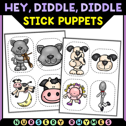 Hey Diddle Diddle nursery rhyme stick puppets printable with cute cat, cow, dog, dish, and spoon