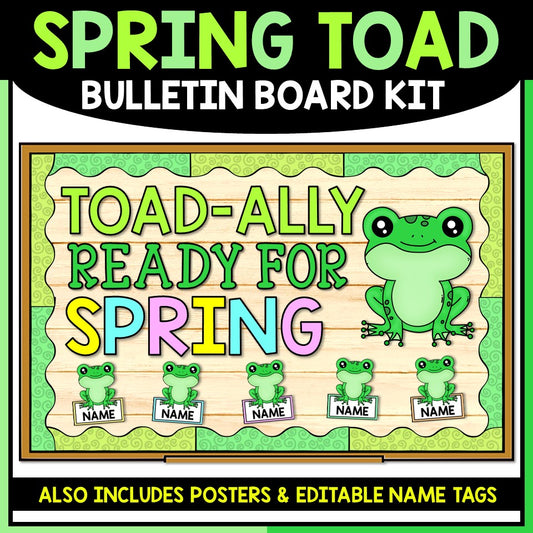 Spring Toad bulletin board kit with cartoon frogs, colorful spring banner, editable name tags