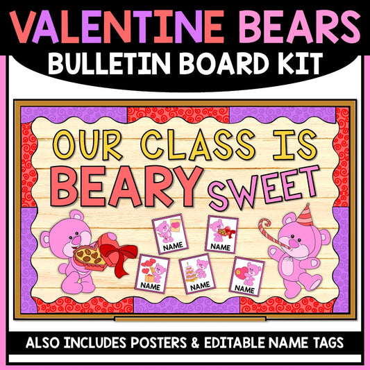 Valentine Bears bulletin board kit with pink bears, name cards, and decorative elements on a colorful background.