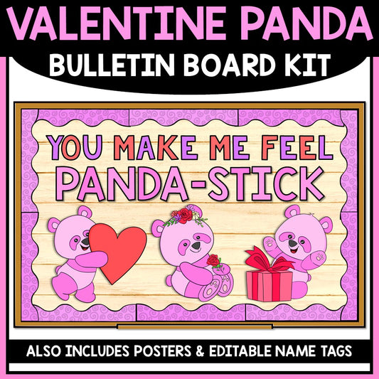Valentine's Day panda bulletin board kit with pink panda bears, hearts, and classroom decor from Tiny Thinkers.