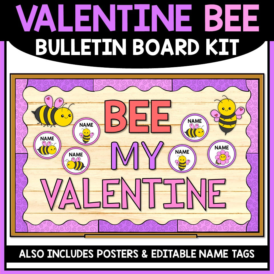 Valentine's Day bulletin board kit with bees and 'Bee My Valentine' text on a wooden background.
