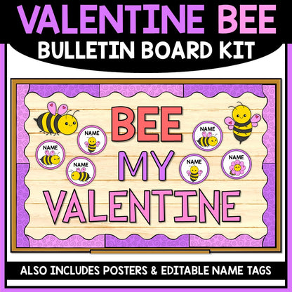 Valentine's Day bulletin board kit with bees and 'Bee My Valentine' text on a wooden background.