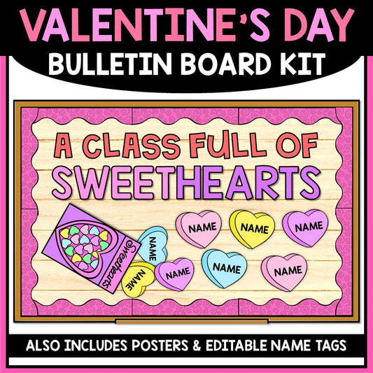 Valentine's Day bulletin board kit with candy hearts and editable name tags, Tiny Thinkers
