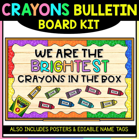 Colorful crayon bulletin board kit with editable name tags, bright classroom decor by Tiny Thinkers